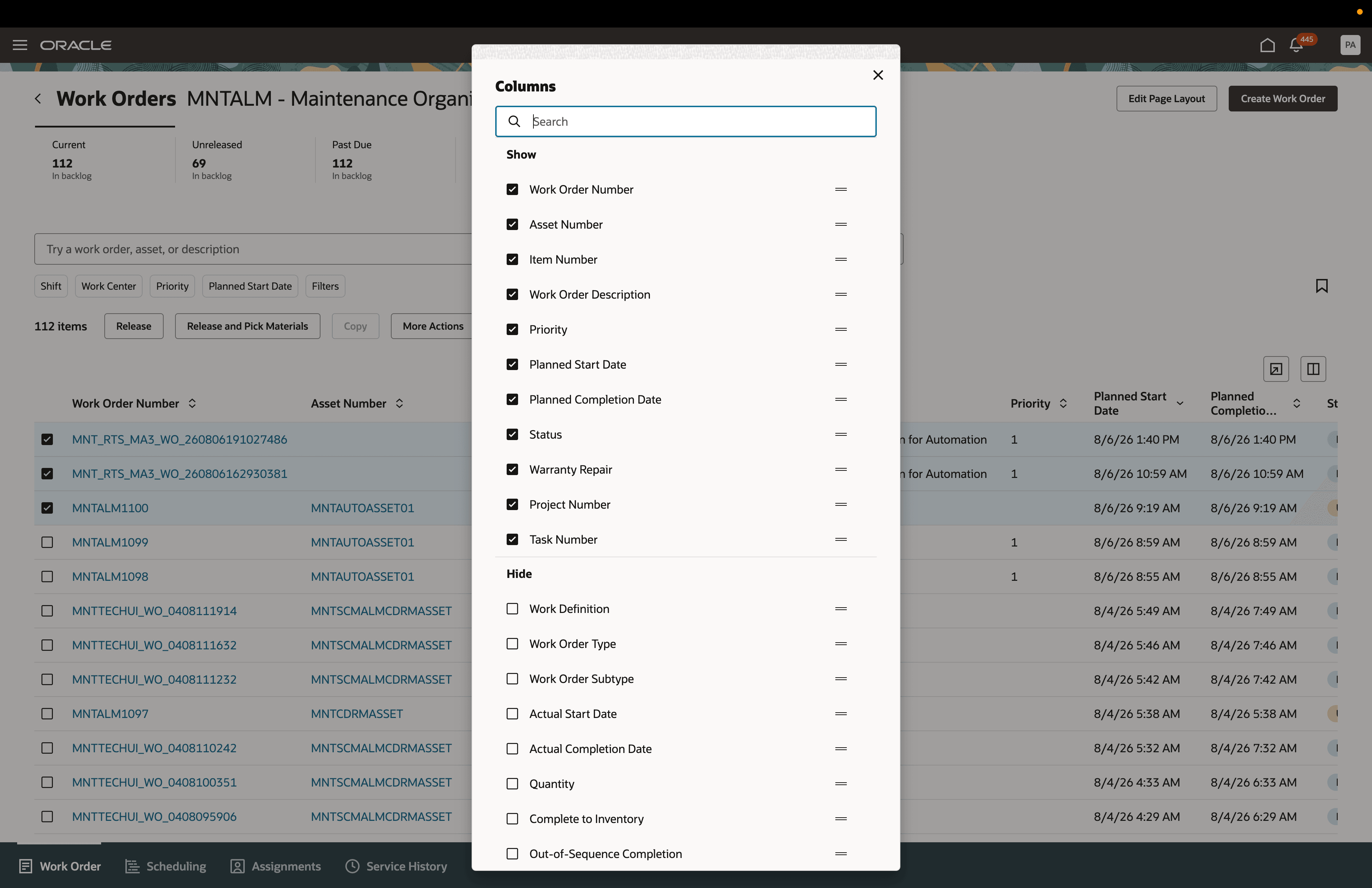New column layout in Maintenance Supervision