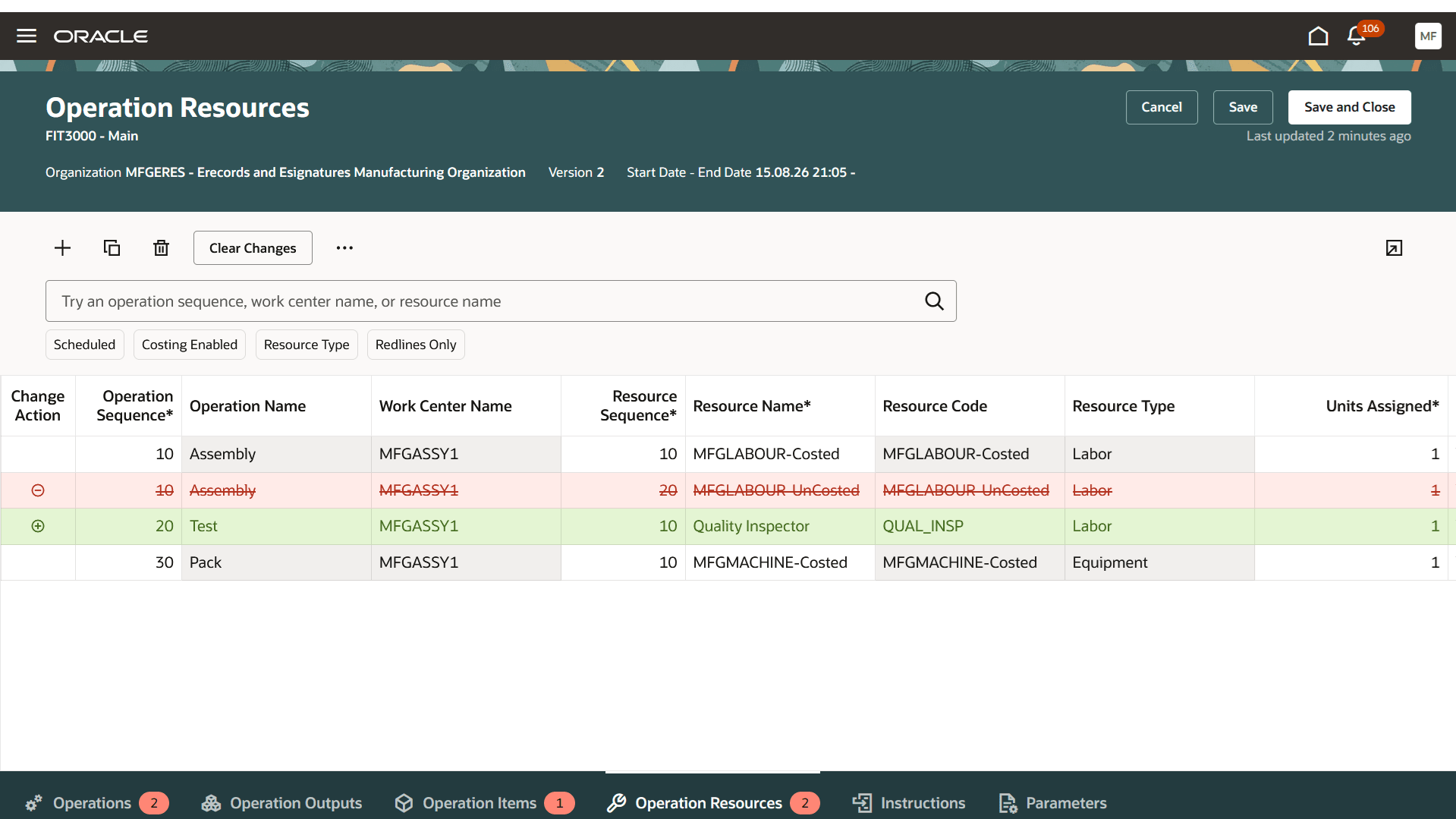 Redline changes for operation resources addition and deletion