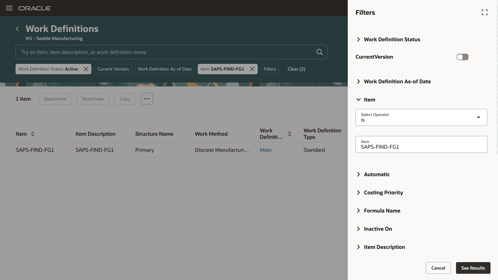 Filters on Work Definitions Page