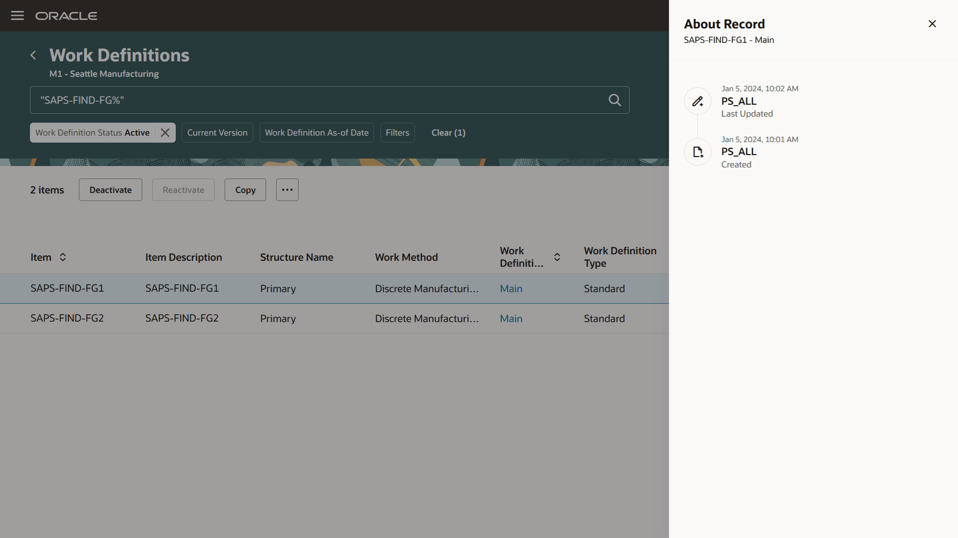 About Record on Work Definitions Page