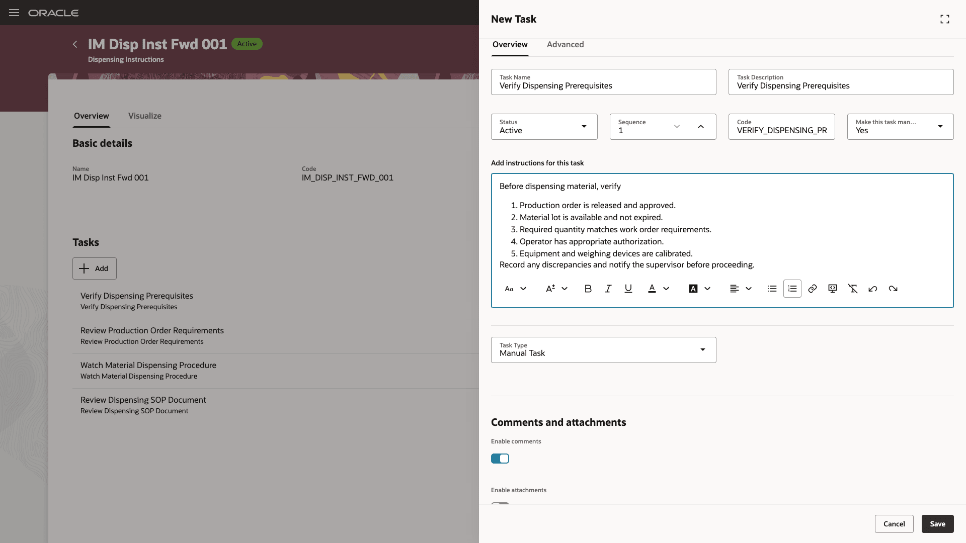 Instruction tasks setup