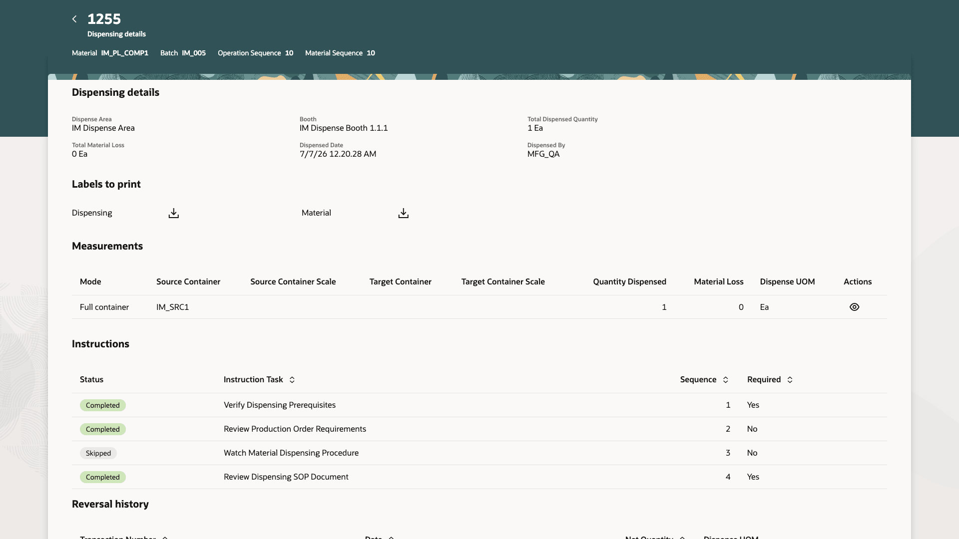 Review transactions in completed dispense transactions
