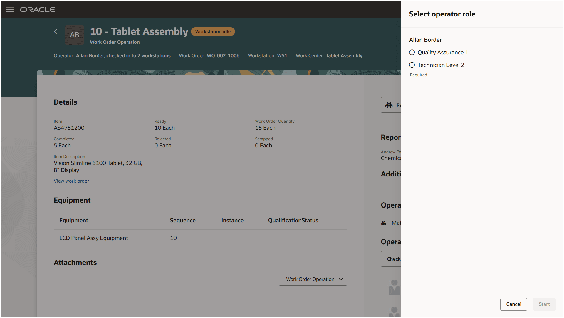 Production Execution - Select resource role context at start of work