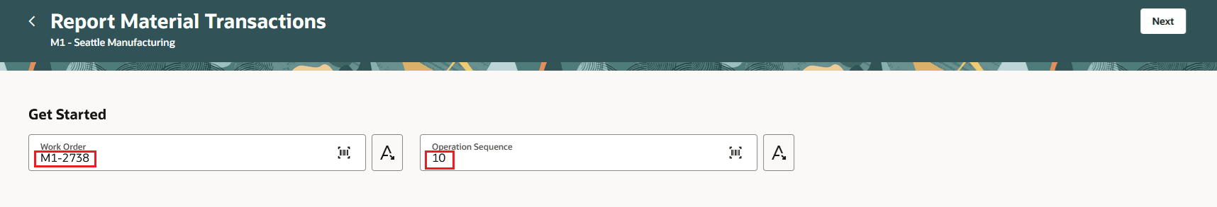 Report Material Transactions - Work Order, Operation Sequence values defaulted from Barcode