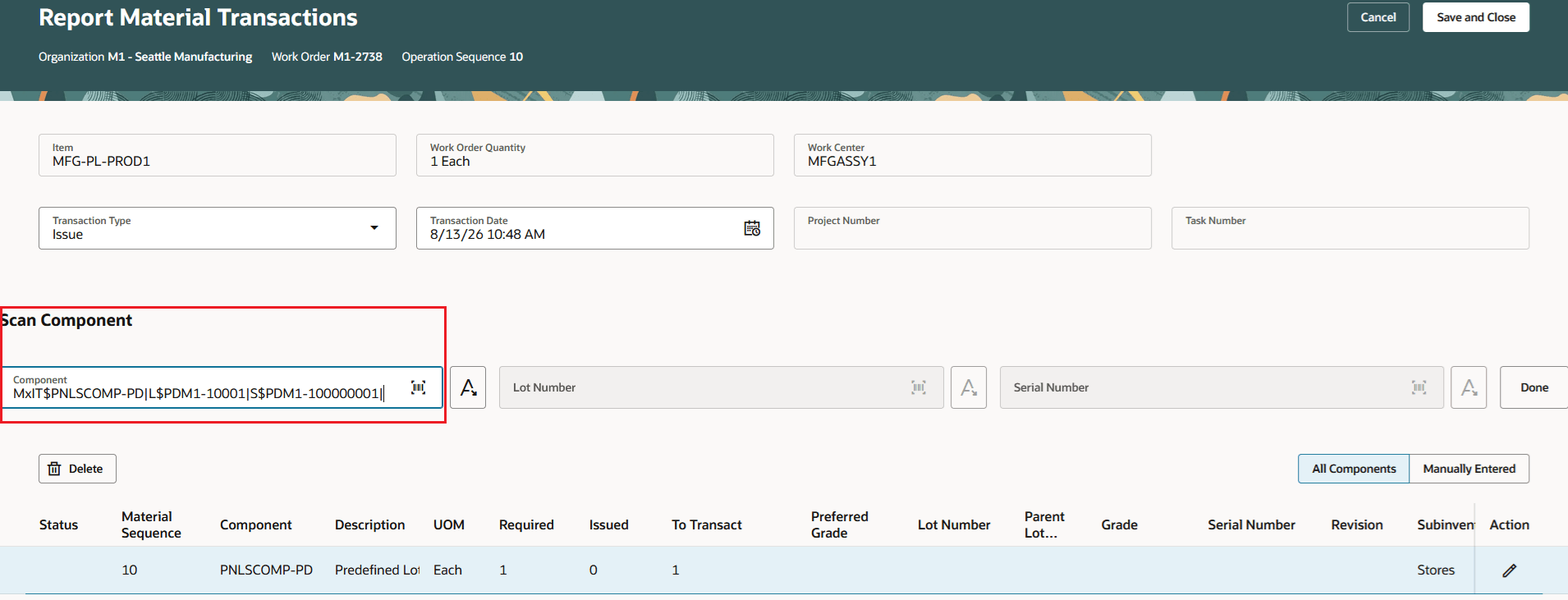 Report Material Transactions - Scan Barcode for Item, Lot, Serial 