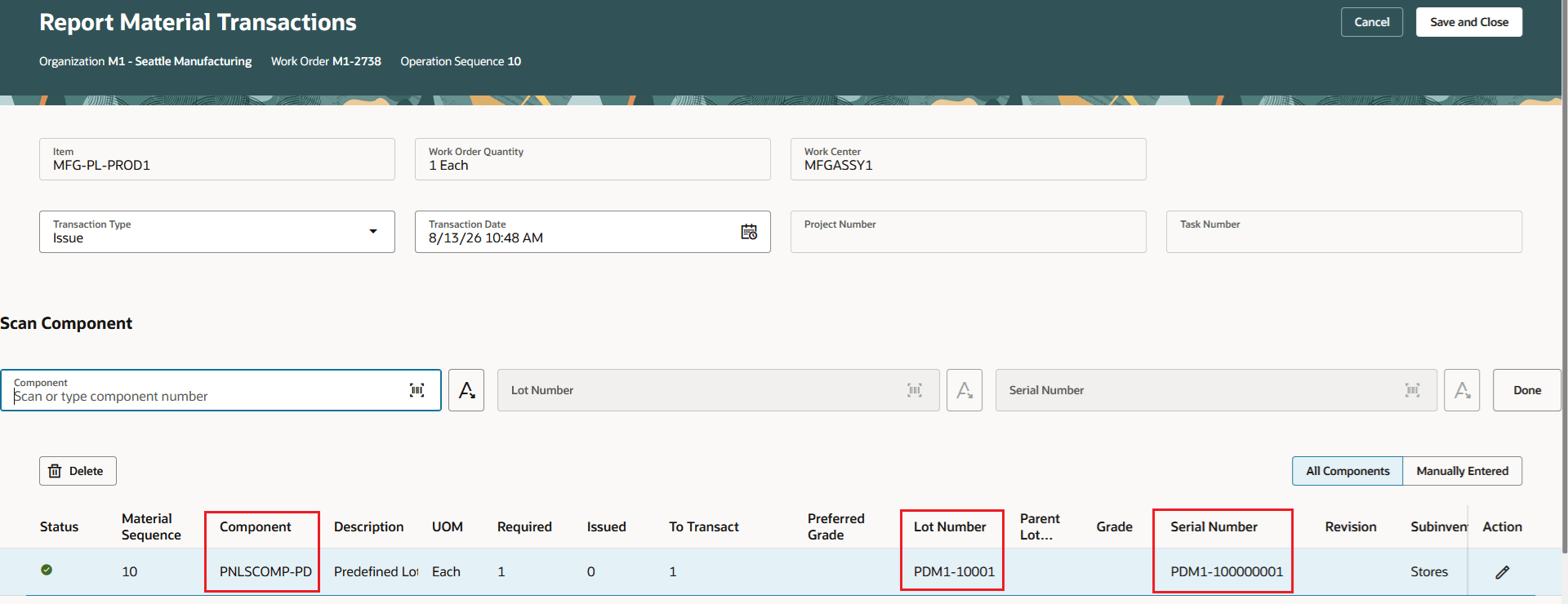 Report Material Transactions - Lot, Serial values of the Item defaulted from Barcode