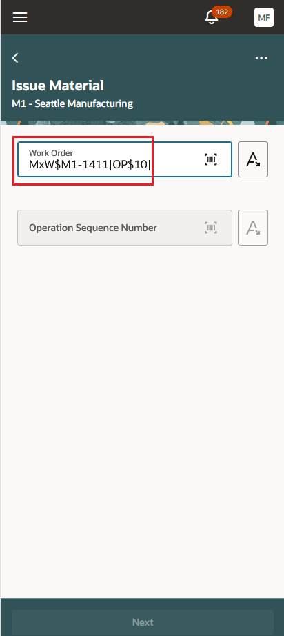 Mobile UI - Issue Material: Scan Work Order, Operation Sequence 