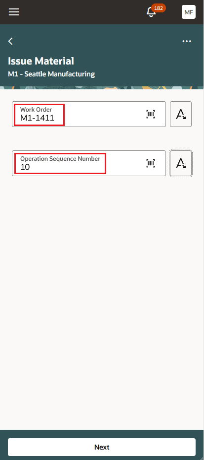 Mobile UI - Issue Material: Work Order, Operation Sequence values defaulted from Barcode