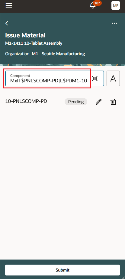 Mobile UI - Issue Material: Scan Barcode for Item, Lot, Serial