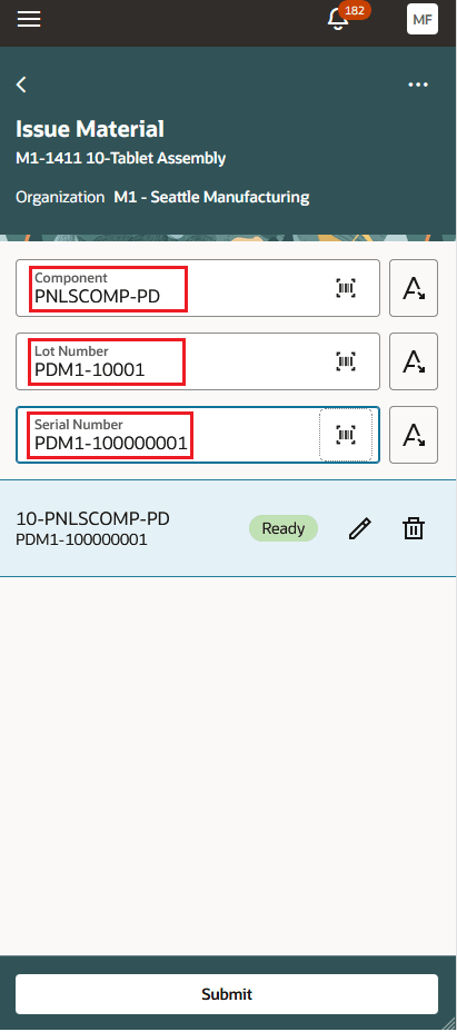 Mobile UI - Issue Material: Lot, Serial values of the Item defaulted from Barcode