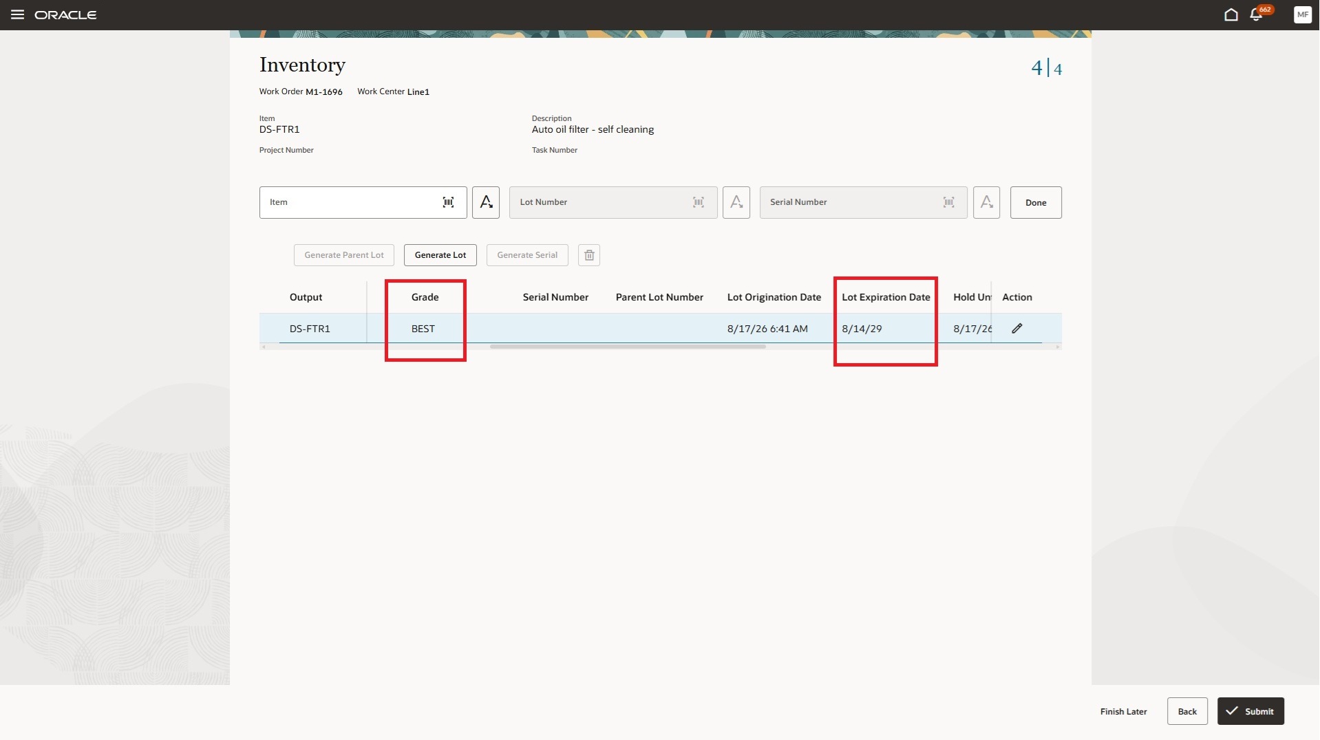 Capture Grade and Expiration date attributes during work order product completion
