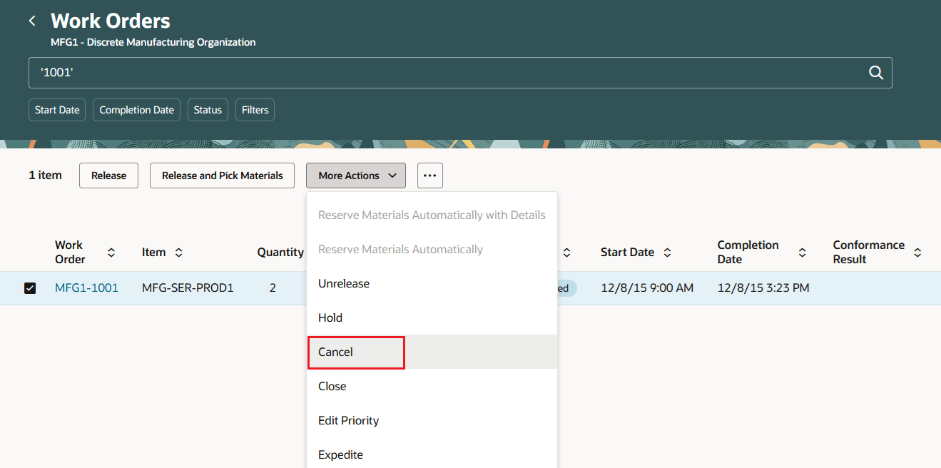 Work Order Cancel action