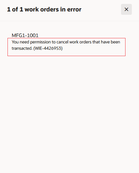 Error message to restrict Work Order Cancel action