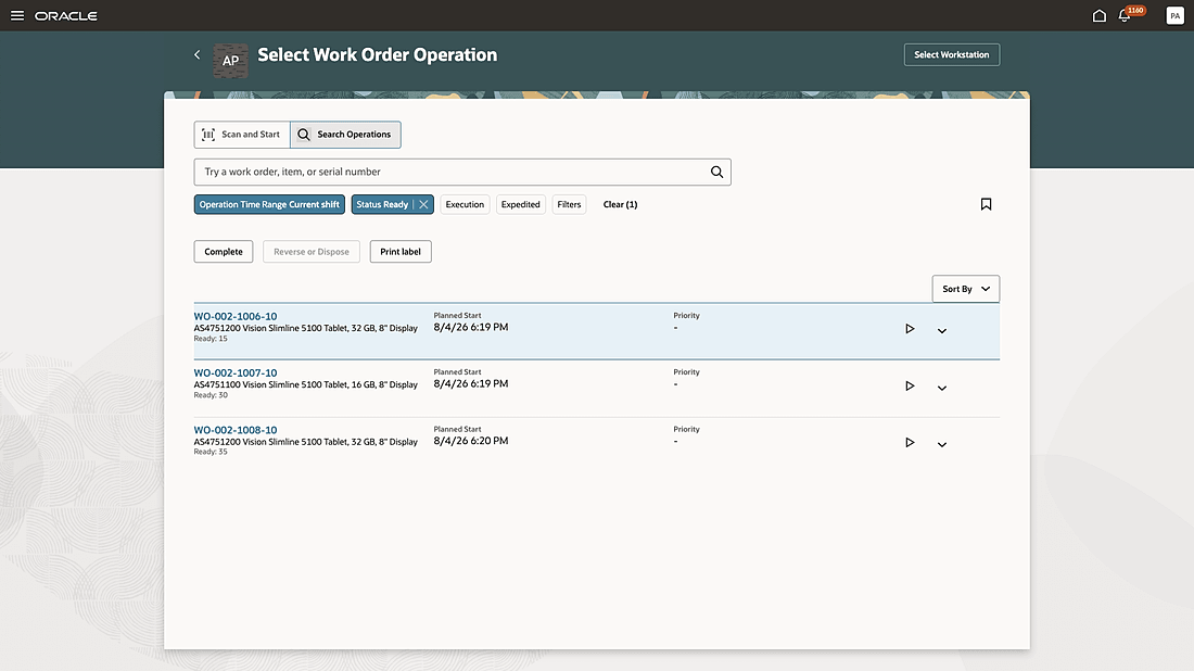 Search for operations and perform completion, start or resumption of execution, reversal transactions, and label printing actions