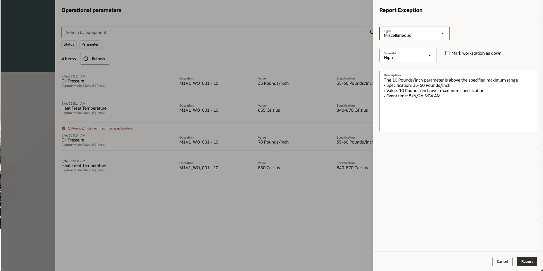 Raise an exception when the operational data value is out of range
