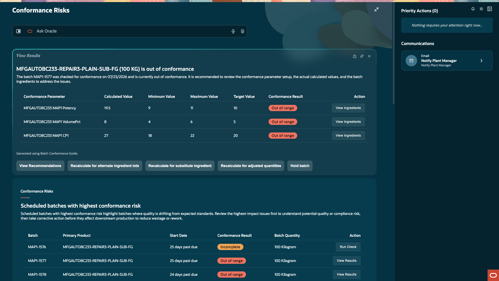 View recommendations for batches with out-of-range conformance values