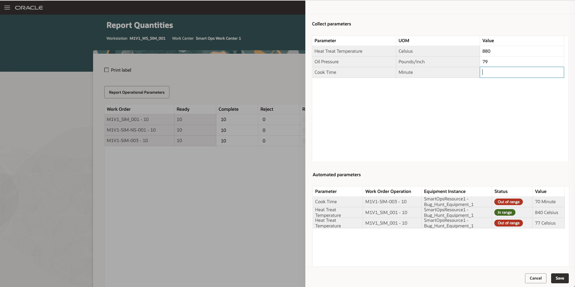Collect operational parameters while reporting quantities