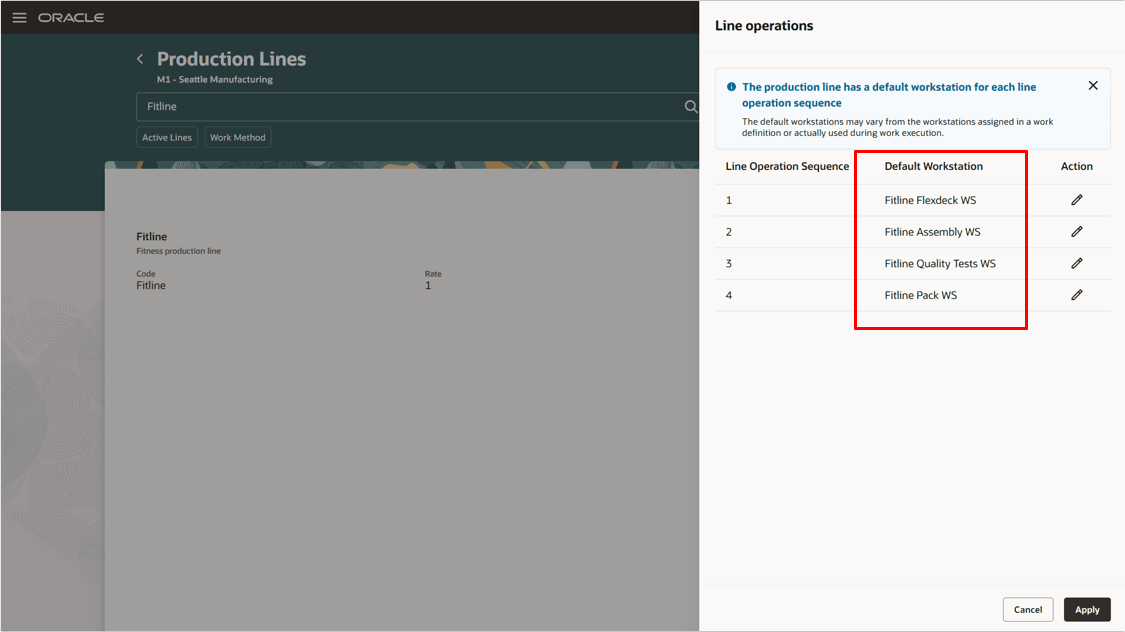 Default workstation assignment in production line setup