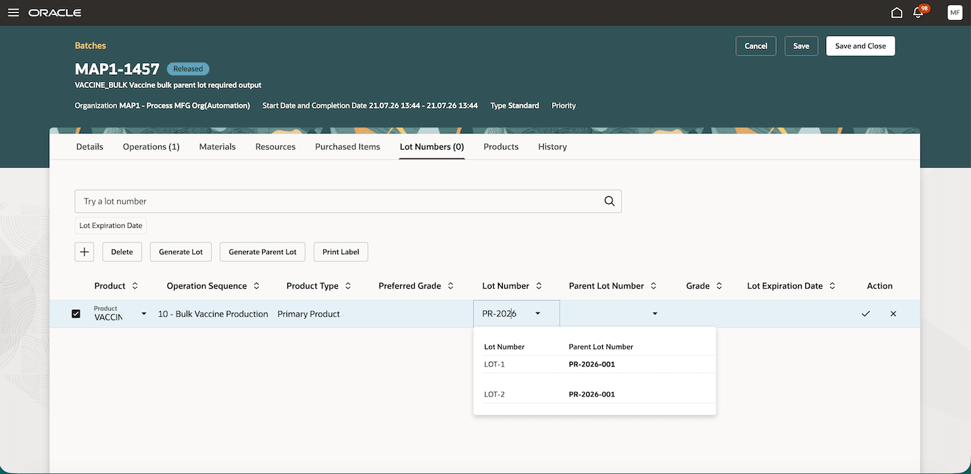 Search by either lot or parent lot number and view parent lot information while selecting the lot