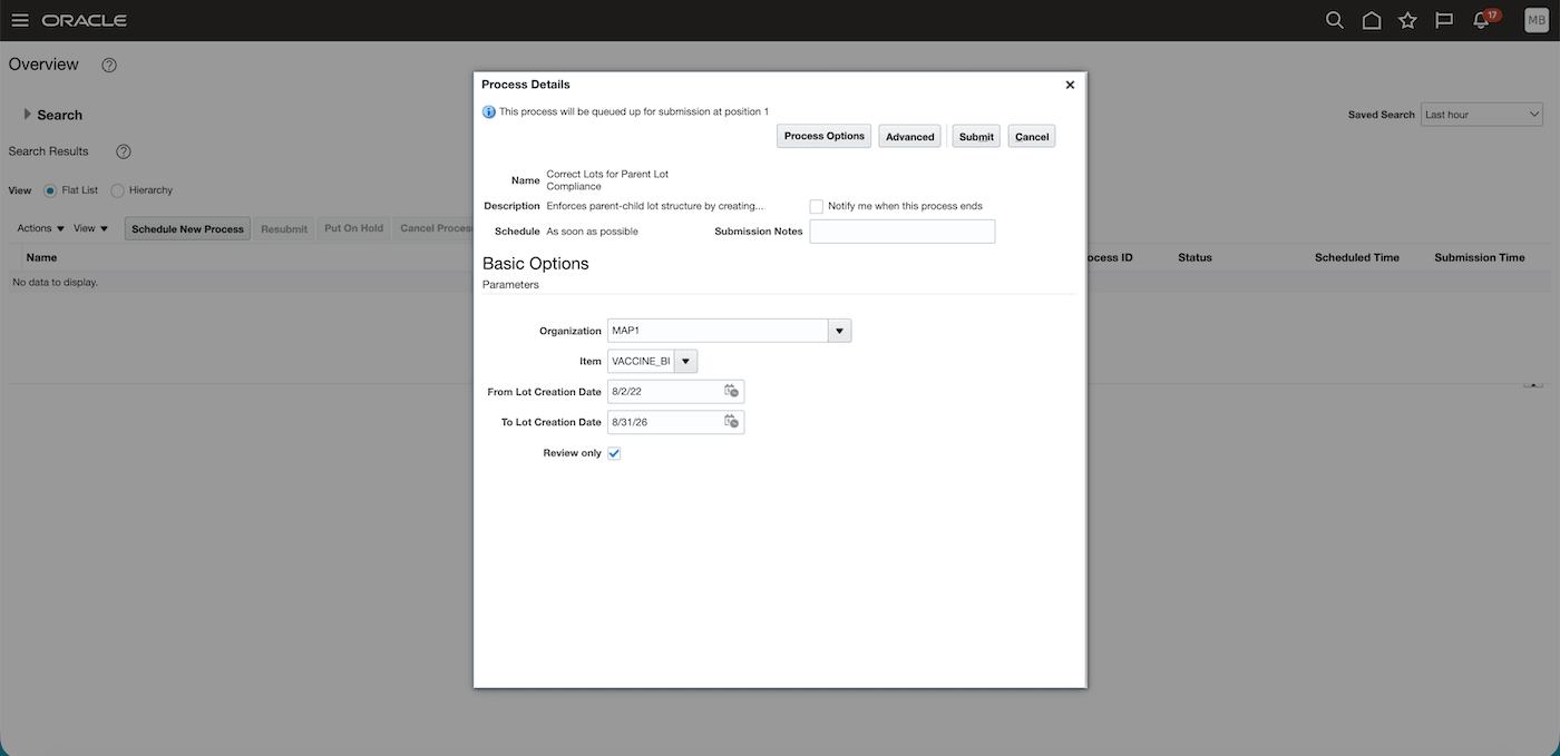 Correct Lots for Parent Lot Compliance scheduled process