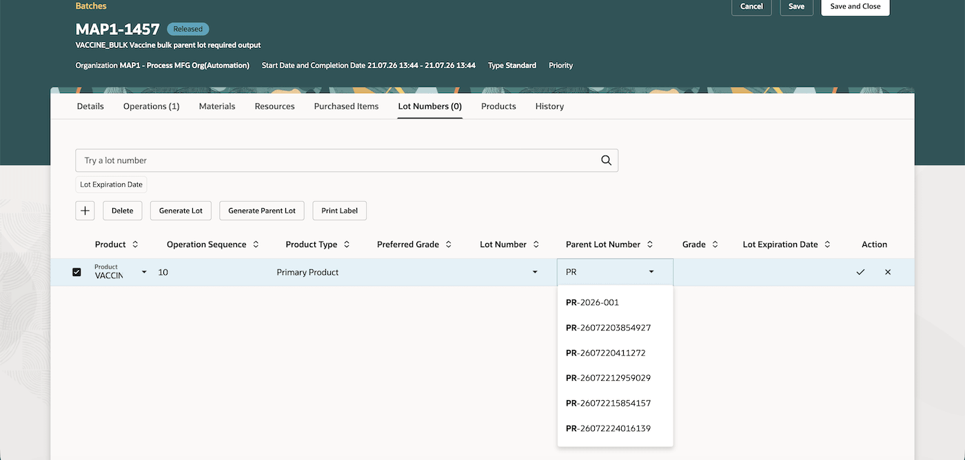 Search and select existing parent lot