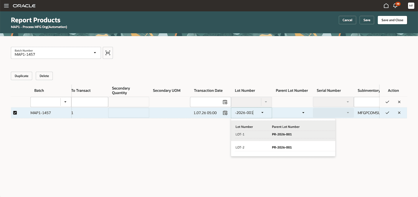 Search by either lot or parent lot number and view parent lot information while selecting a lot in the Postproduction Reporting page