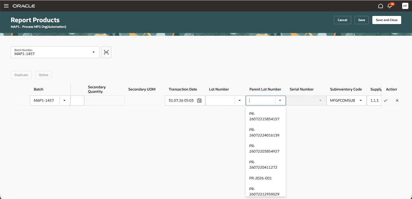 Search and select existing parent lot in Postproduction Reporting page