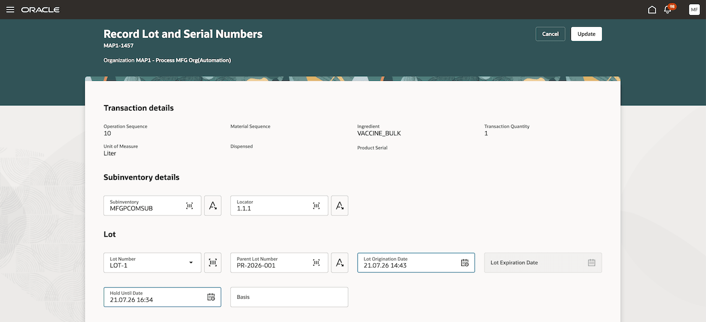 Search and select existing parent lot in Record Lot and Serial Numbers fragment in Postproduction Reporting page
