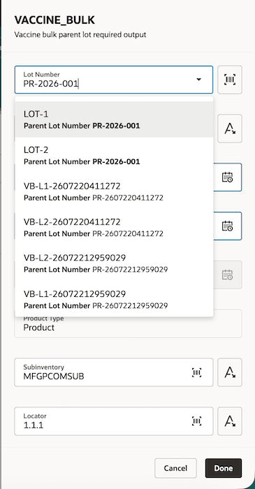 Search by either lot or parent lot number and view parent lot information while selecting a lot in the mobile UI