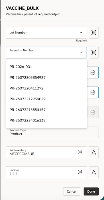 Search and select existing parent lot in Mobile UI