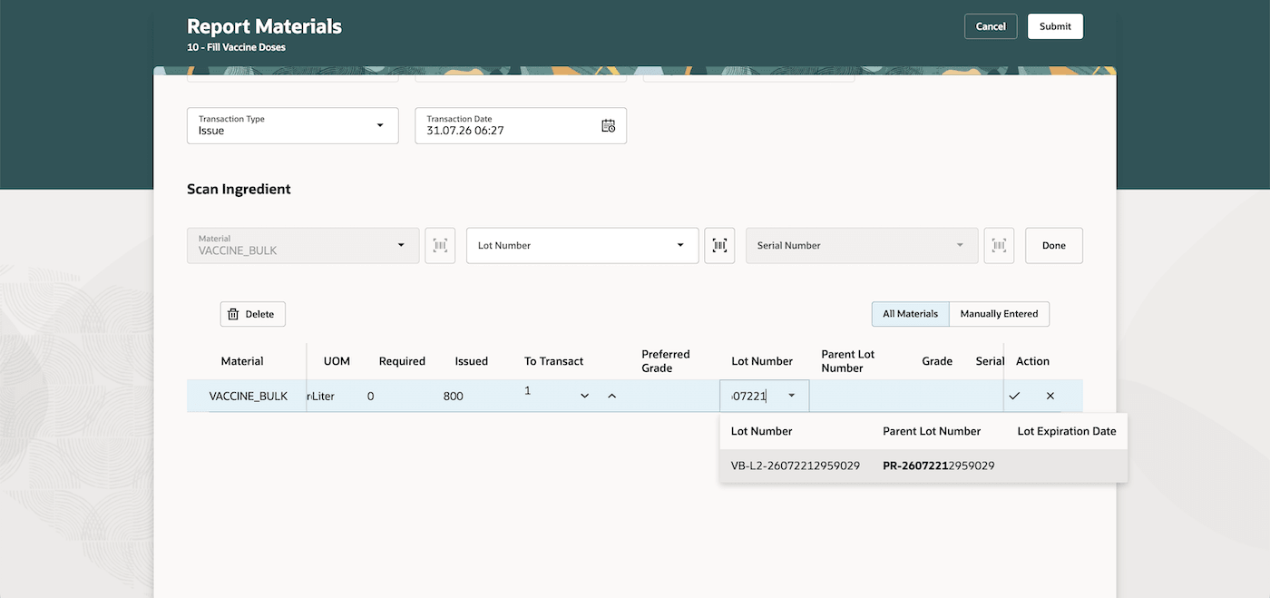 Search by either lot or parent lot number and view parent lot information while selecting a lot in the Production Execution (Report Material Transactions) UI