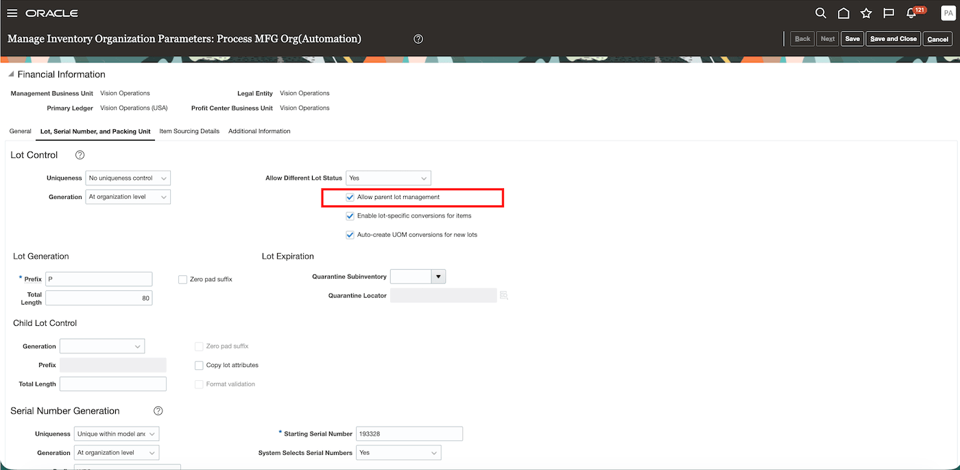 Allow parent lot management inventory organization parameter