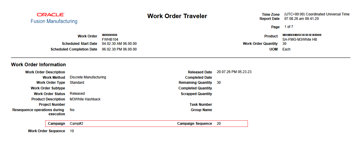 Work Order Traveler - Campaign details