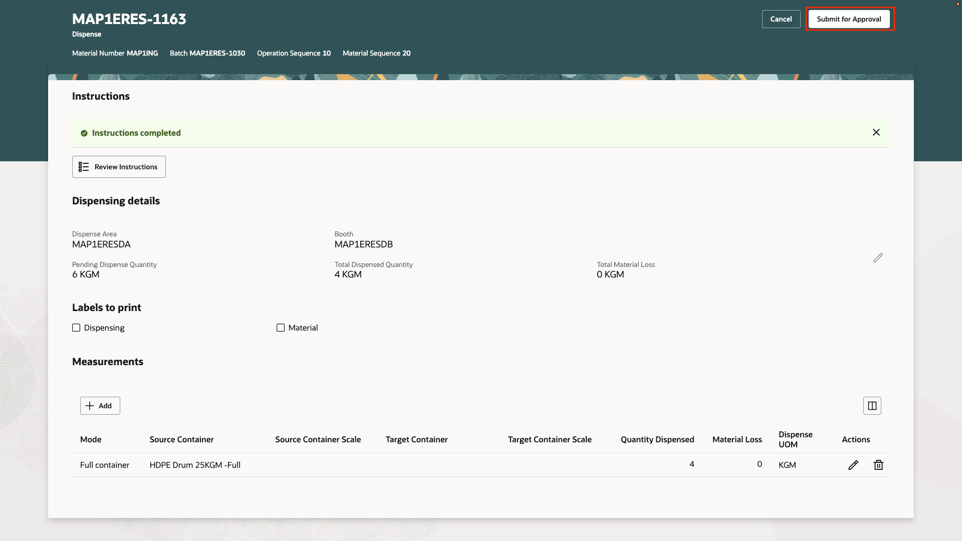 Submit dispense transaction for approval