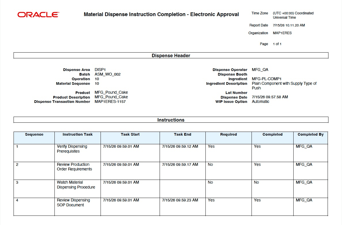 E-record with details of the instruction completion.