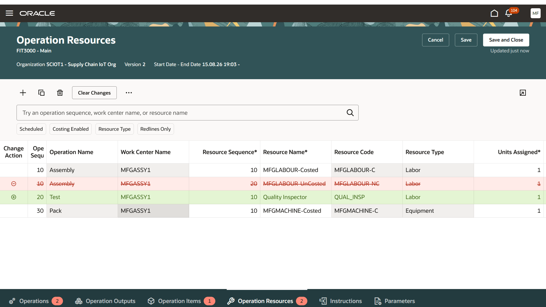 Redline changes for operation resources addition and deletion