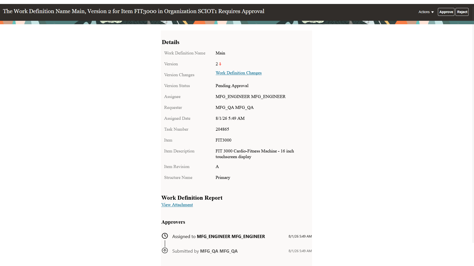 Approval noification containing deep link and work definition report attachment