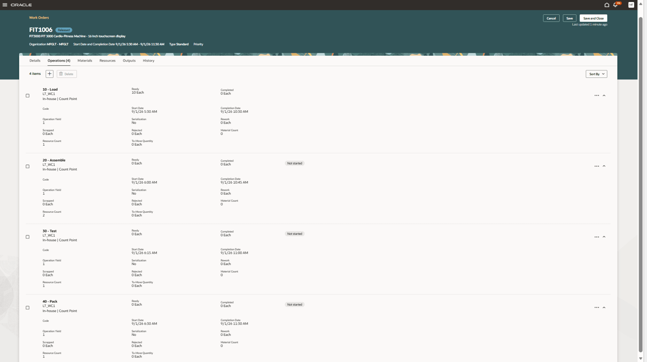 Work Order with takt based scheduling of line operations along with resource based forward scheduling of work order operations