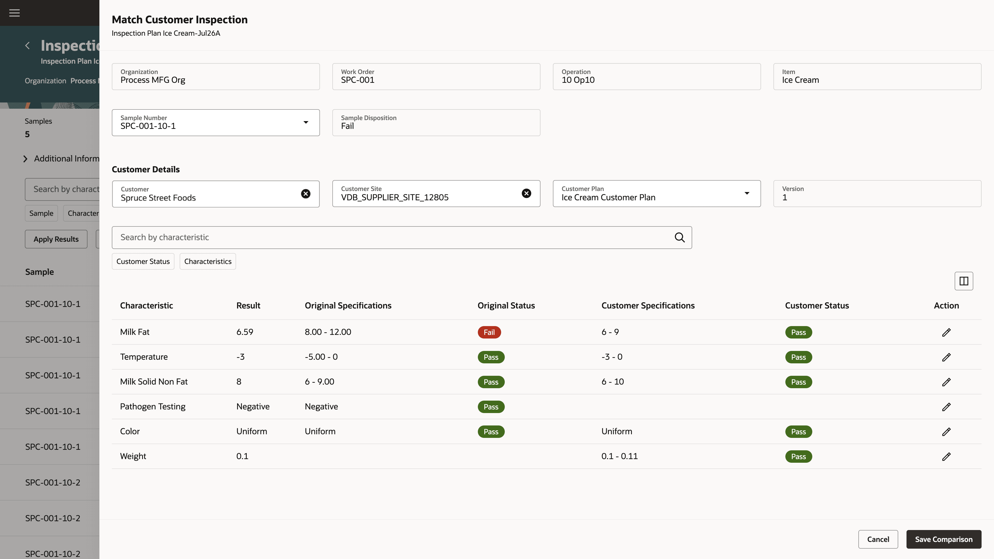 Results comparison between original and customer specifications