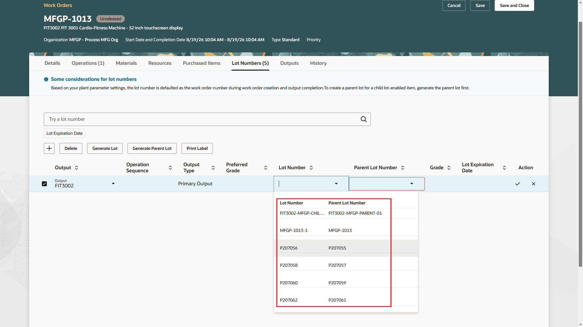 Search by either lot or parent lot number and view parent lot information while selecting the lot
