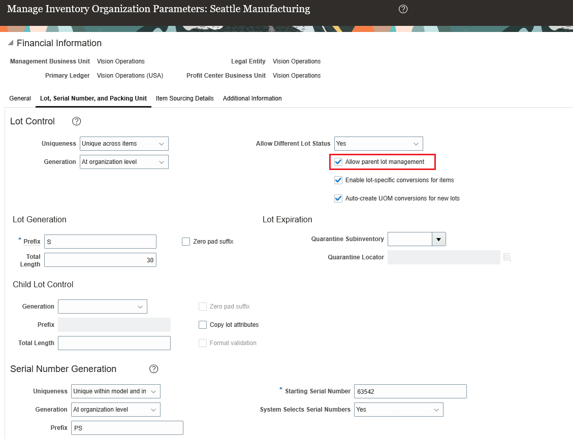 Allow parent lot management inventory organization parameter