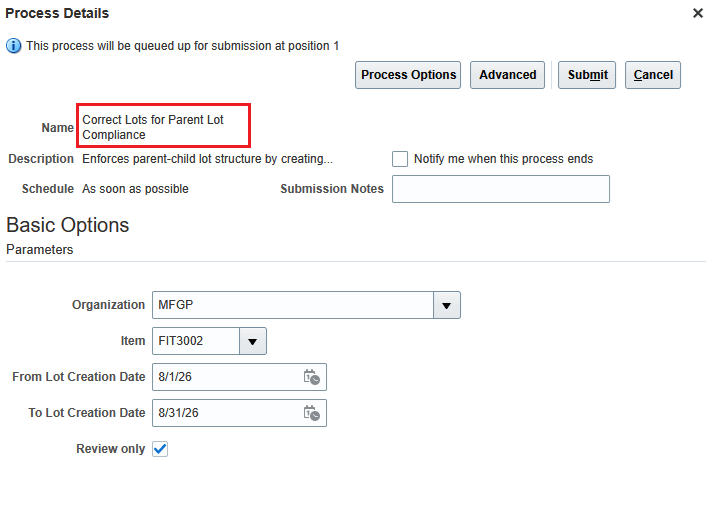 Correct Lots for Parent Lot Compliance scheduled process