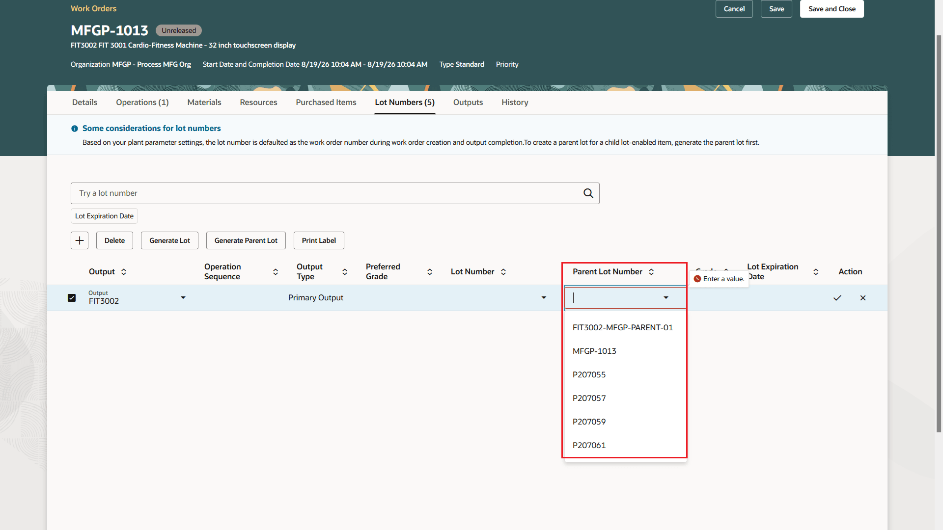 Search and select existing parent lot
