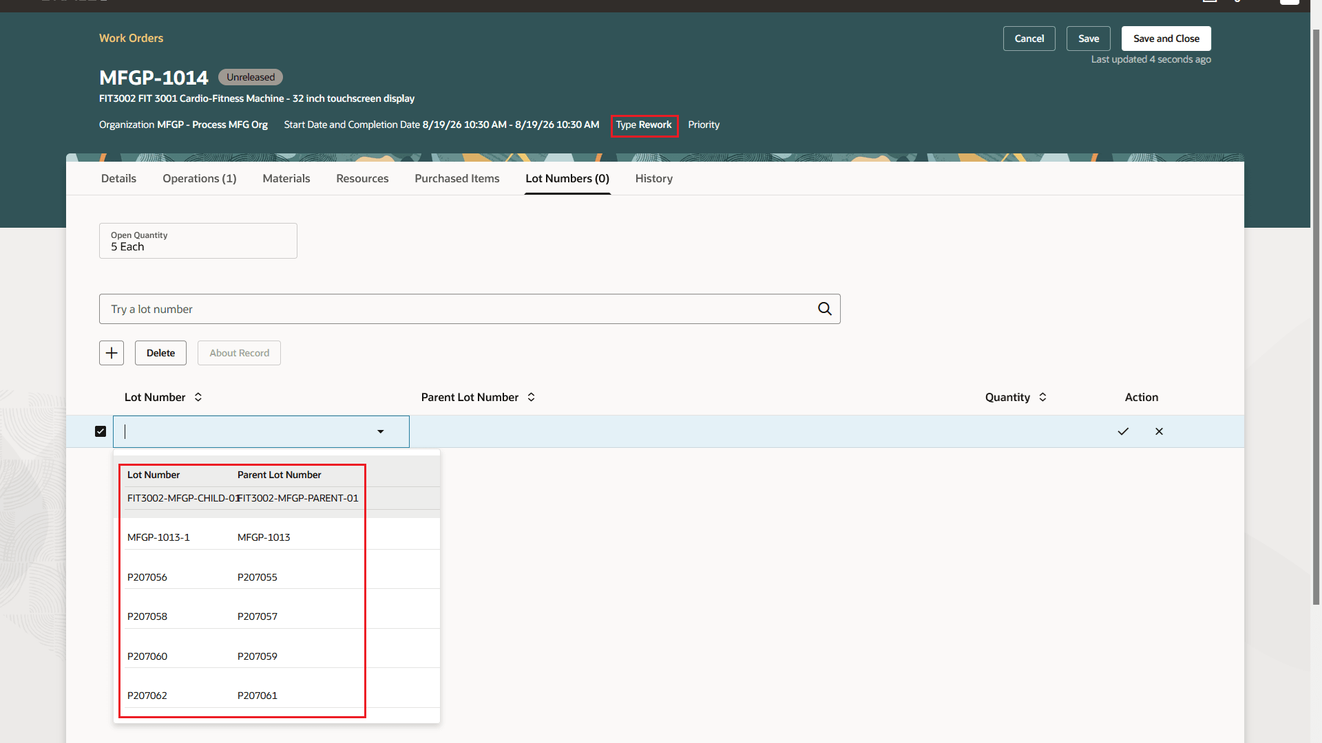 Search by lot or parent lot number and view parent lot information while selecting a lot in the Rework Work Order.