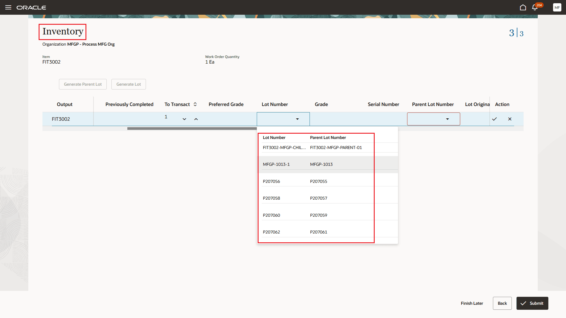 Search by lot or parent lot number and view parent lot information while selecting a lot in the Inventory Product Completion page