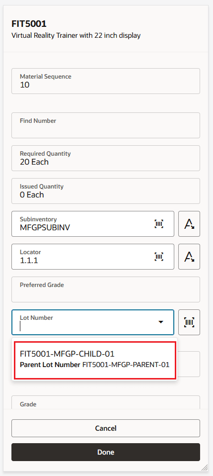 Search by either lot or parent lot number and view parent lot information while selecting a lot in the Report Output Mobile UI