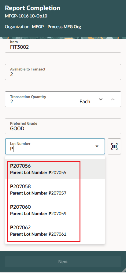 Search and select existing parent lot in Report Completion Mobile UI