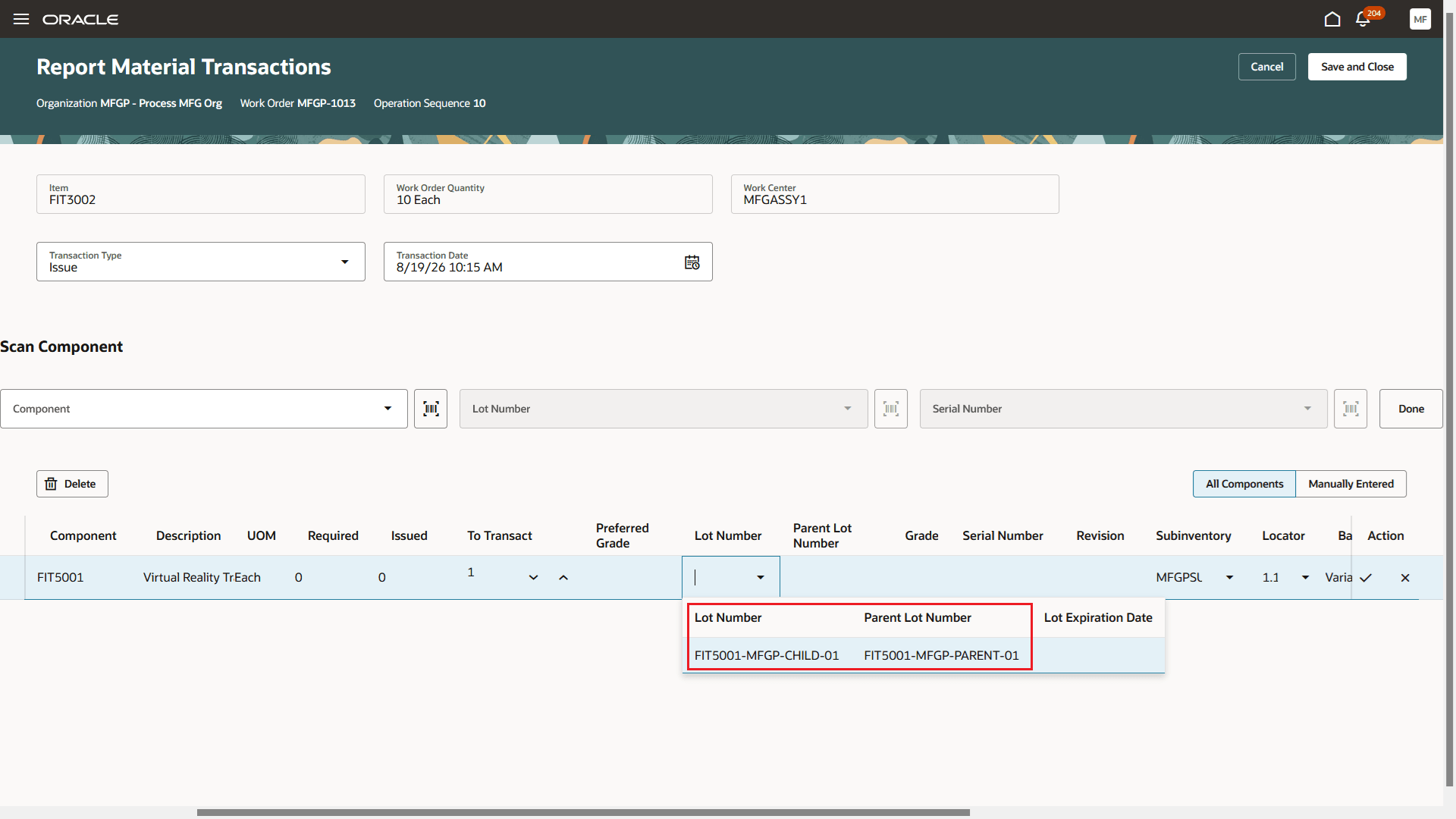 Search by either lot or parent lot number and view parent lot information while selecting a lot in the Production Execution (Report Material Transactions) UI