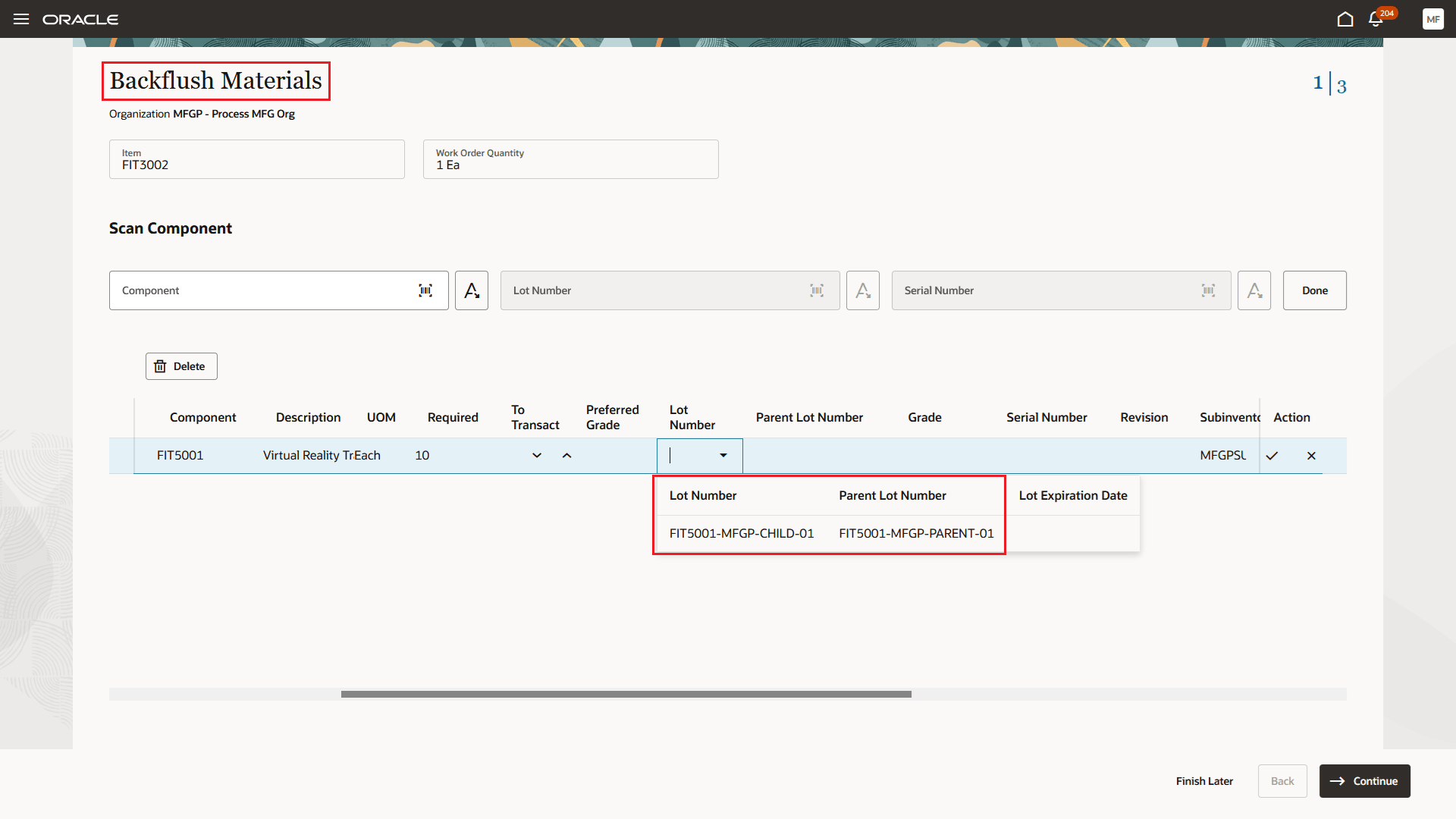 Search by lot or parent lot number and view parent lot information while selecting a lot in the Backflush Materials page