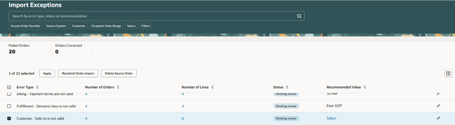 Exceptions summary page
